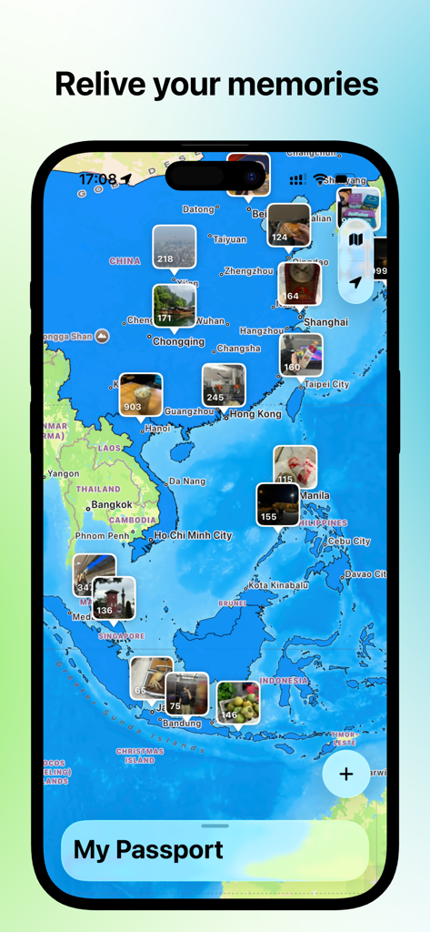 A mobile app screen showing a travel map of Asia with multiple photo pins representing captured memories.