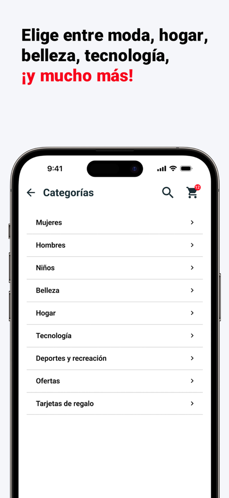 Deprati: Compras Online - Capture d'écran de l'application Deprati affichant un menu de catégories d'achat comprenant la mode, la maison, la beauté et la technologie.