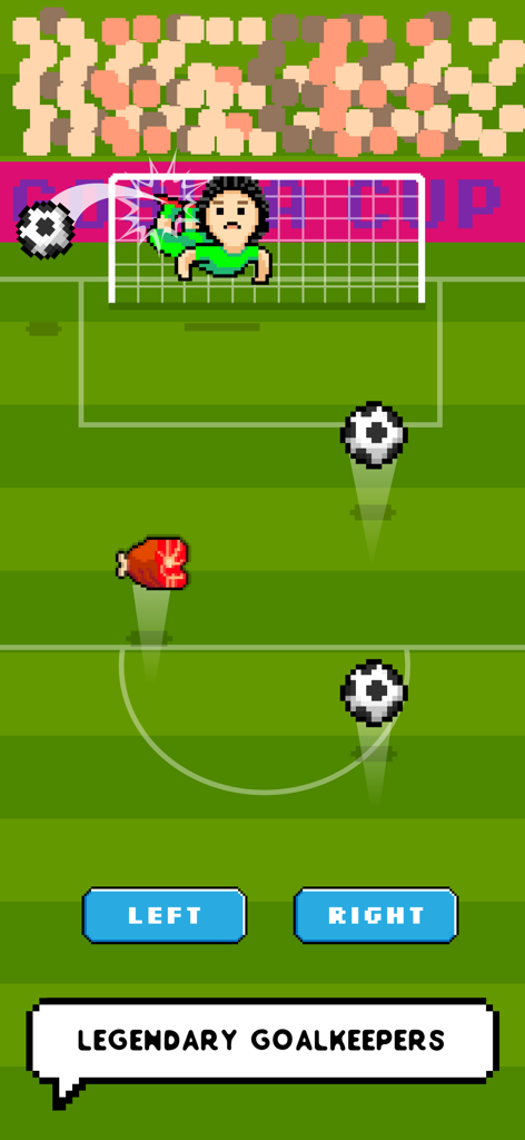 Pixel art gameplay of a goalkeeper jumping to save a ball in the Soccer Goal Keeper Cup mobile game
