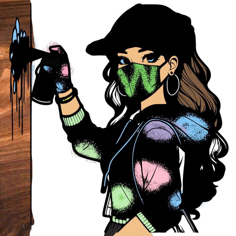 realistic girl with mask spray painting a wall