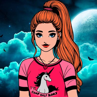 realistic girl with a high ponytail a t-shirt with a pegasus on it with the words camp half blood on it