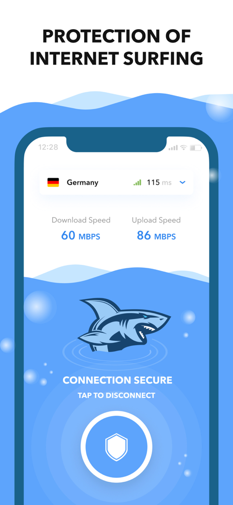 Screenshot dell'app Shark VPN che mostra una connessione sicura a un server tedesco con dettagli sulla velocità di upload e download.
