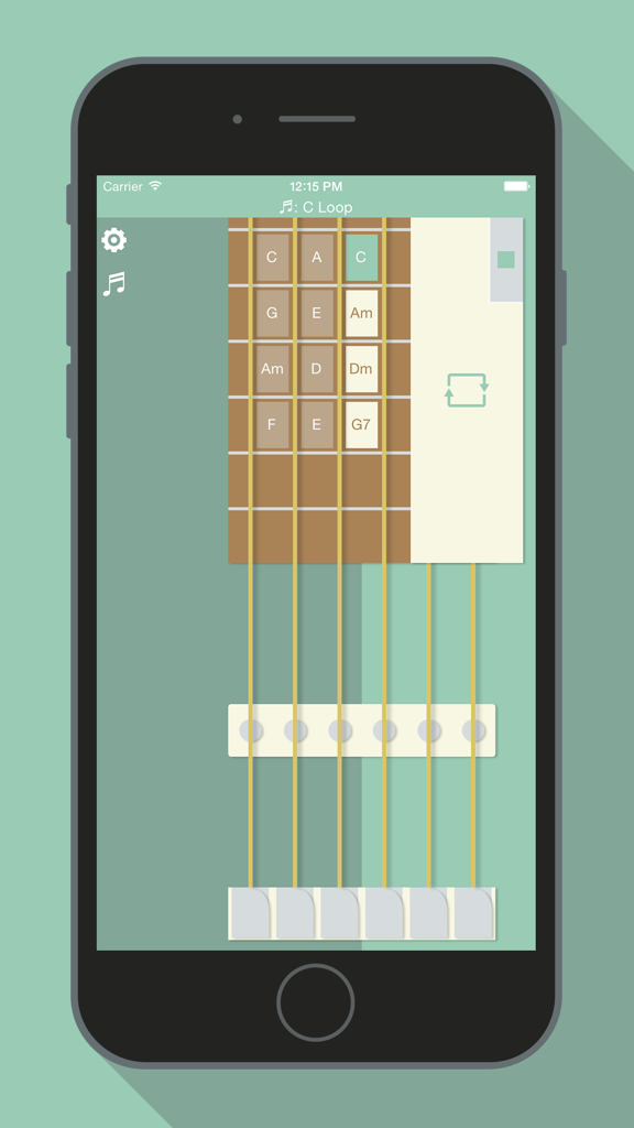 Interface de l'application gratuite Virtual Guitar affichant un manche de guitare au design plat avec une grille de boutons d'accords et de cordes jouables.