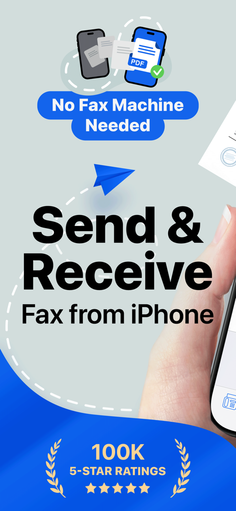 Promotional banner for FaxFree app to send and receive faxes from iPhone without a fax machine