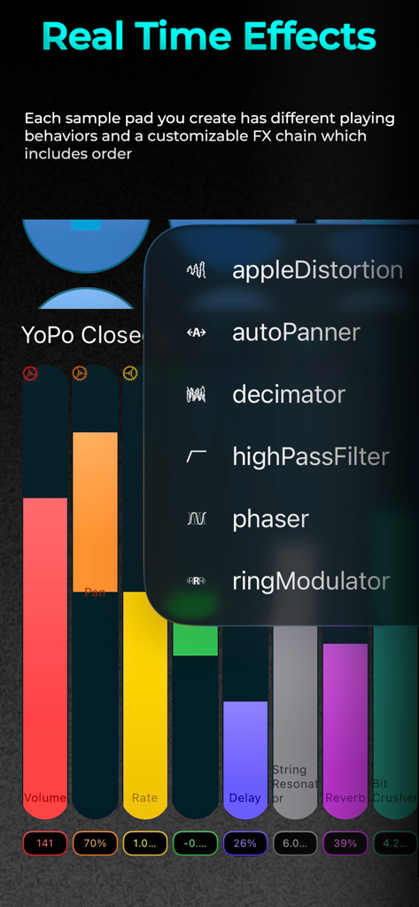 Samposium: Performance Sampler - Interface of Samposium app showing real-time audio effects menu and colorful sound parameter controls.