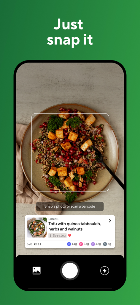 Lifesum app interface using AI to identify a meal and track calories and macros from a photo.
