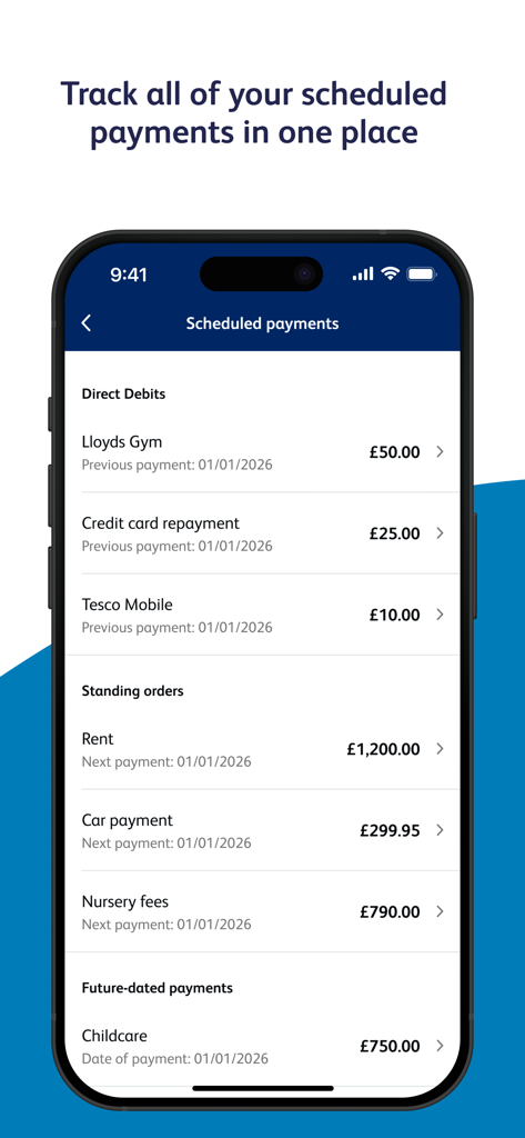 Tela de um smartphone exibindo o recurso de pagamentos agendados do aplicativo Co-operative Bank com listas de débitos diretos e ordens permanentes.