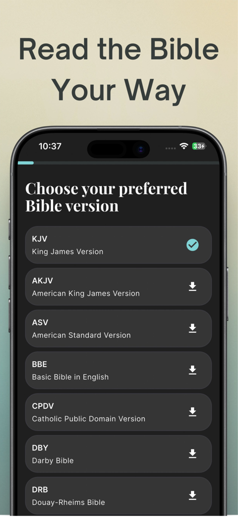 Bible Journey: Visual Stories - Interface of the Bible Journey app showing a list of different Bible translations to choose from