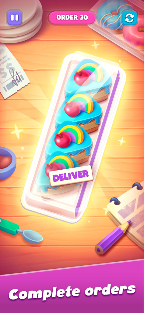 A container filled with matching rainbow cake slices ready for delivery in the Sweet Sort mobile game.