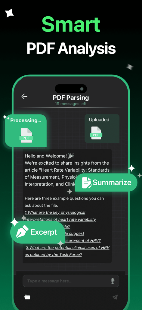 AI Chatbot - Ask AI Anything - Interface of an AI app showing smart PDF parsing and document summarization features
