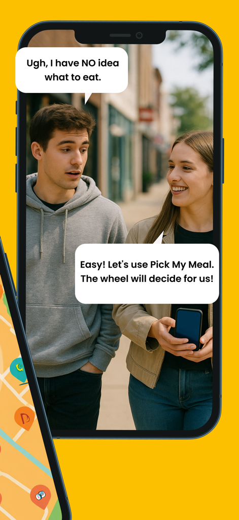 Plan to Eat: Dinner Planner - A young couple on a city street using the Pick My Meal app to decide what to eat for dinner.