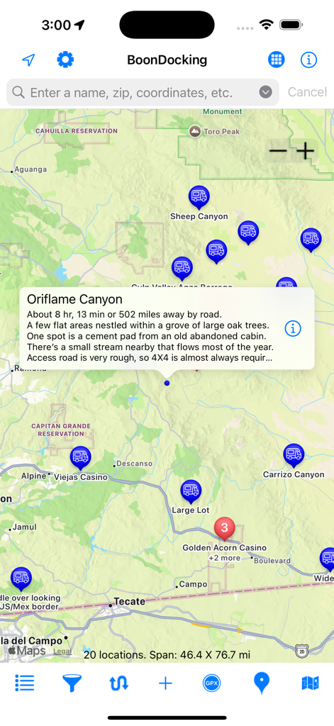 Boondocking - Map view of the Boondocking app showing campsite pins and site details for Oriflame Canyon.