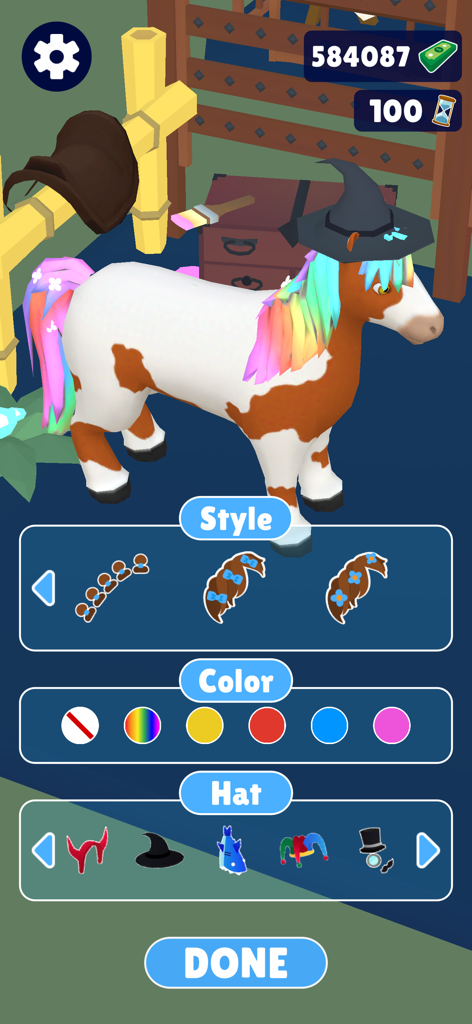 Horse Life - 虹色のたてがみと魔法使いの帽子を持つ馬のスタイル、色、帽子のオプションを示す馬のカスタマイズインターフェース。