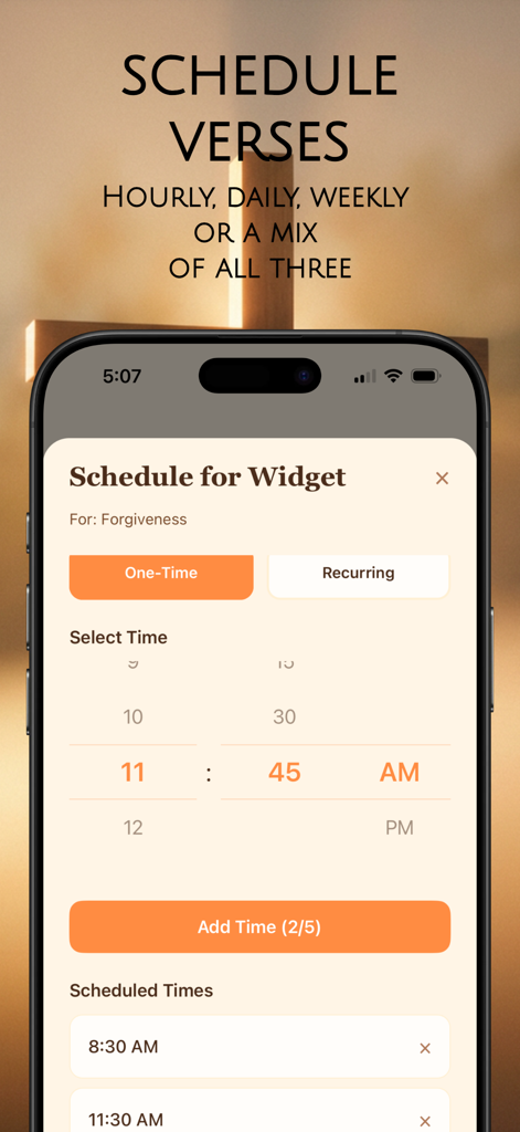 Prayble: Bible Widgets & Verse - Mobile app screen showing how to schedule Bible verses for home screen widgets at specific times of the day