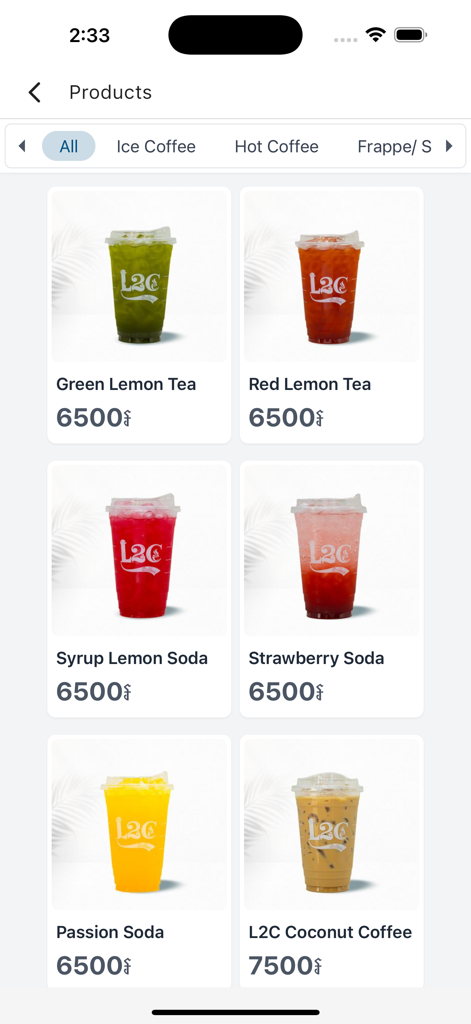 KradassTalk - A product listing page in the KradassTalk app showing various cold drinks and coffee with prices
