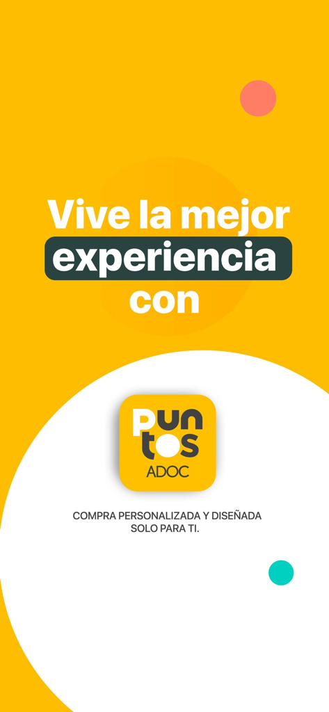 Puntos ADOC - Intro screen of the Puntos ADOC app with logo and Spanish text about a personalized shopping experience