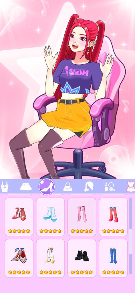 Idol Live: Mini Games Show - Idol Live character customization screen showing various shoe options for a fashion glow up
