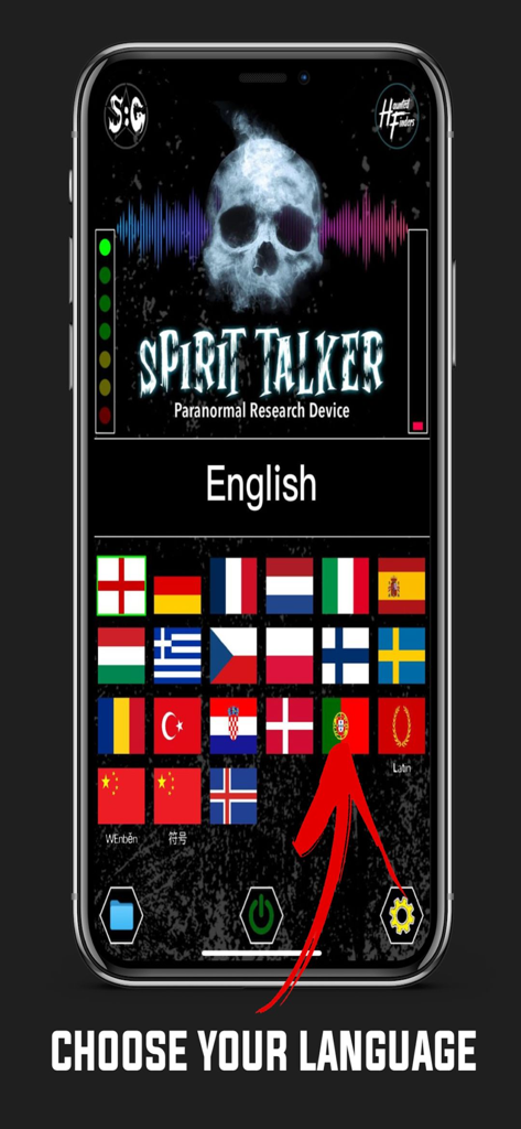 Spirit Talker ® - Spirit Talker app interface displaying a language selection menu with various national flags and a paranormal theme.