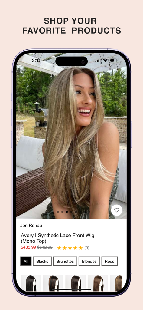 Wigs.com - Wigs.com app interface showing a Jon Renau Avery synthetic lace front wig product page with color selection filters