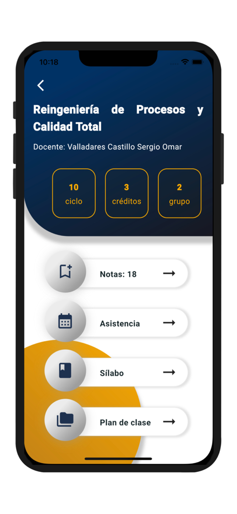 UPeU Lamb - UPeU Lamb app interface showing academic course details including grades and attendance