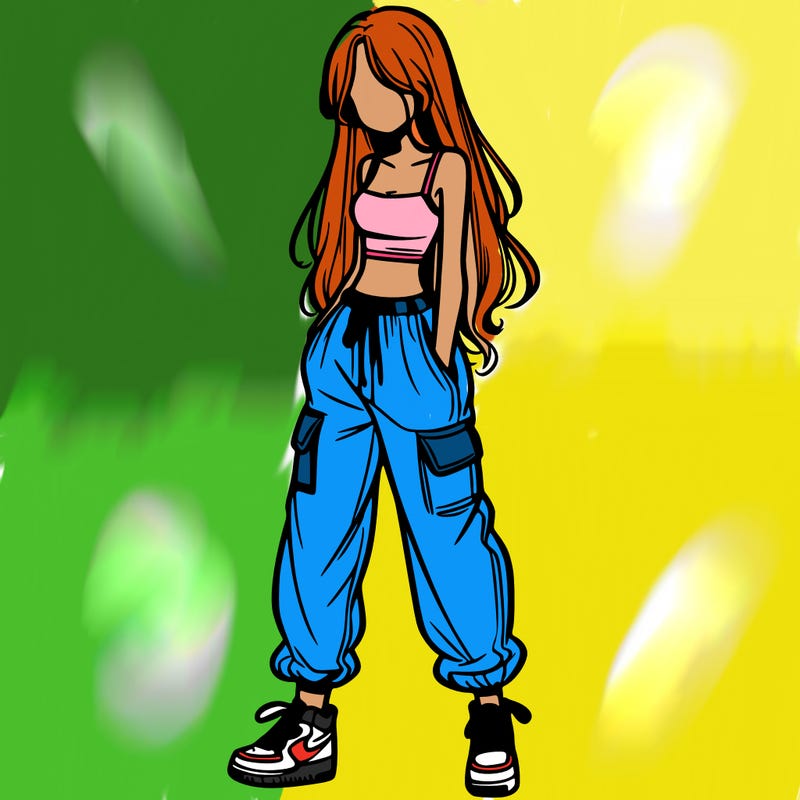 girl in baggy pants crop top and long hair