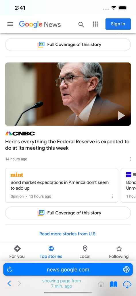 Página do Google Notícias exibida dentro do aplicativo Navegador Web Offline mostrando uma versão em cache das manchetes atuais.