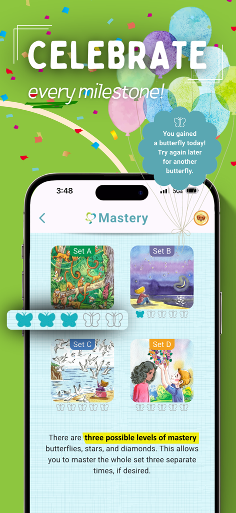 Musical Multiplication - Mastery tracking screen in the Musical Multiplication app showing student progress with butterfly rewards and illustrated learning sets