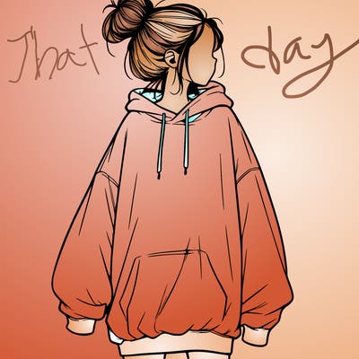 realistic girl with a oversized sweatshirt on and a bun