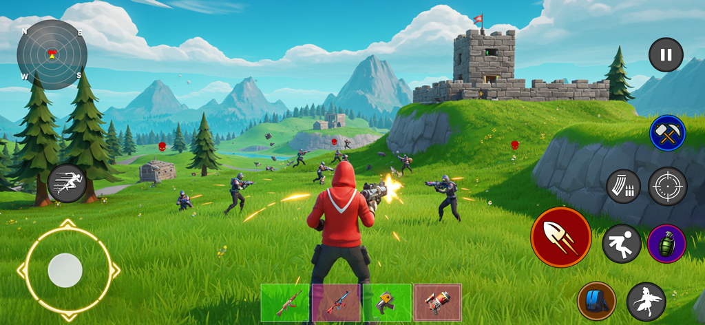 Jugabilidad de disparos en tercera persona en un campo abierto con un castillo y montañas