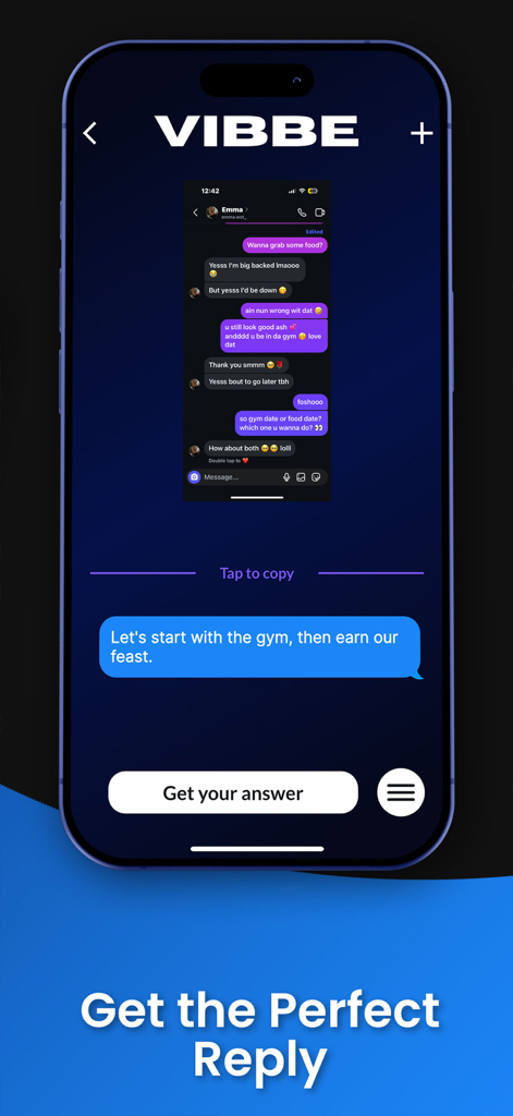 VIBBE app interface displaying an AI-suggested response for a dating chat conversation
