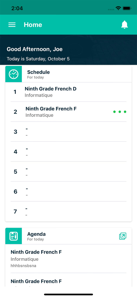 eSchool Agenda - Écran d'accueil de l'application eSchool Agenda montrant l'emploi du temps quotidien et l'agenda d'un élève.
