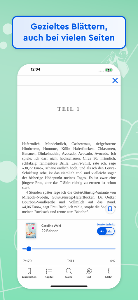 Onleihe 3 - Écran mobile montrant l'interface du lecteur de livres électroniques Onleihe 3 avec un roman allemand et des commandes de navigation