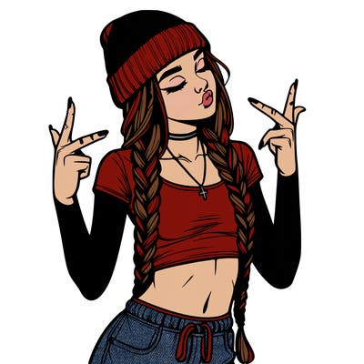 realistic teenage girl with braids and a beanie and crop top doing 🫶🏼