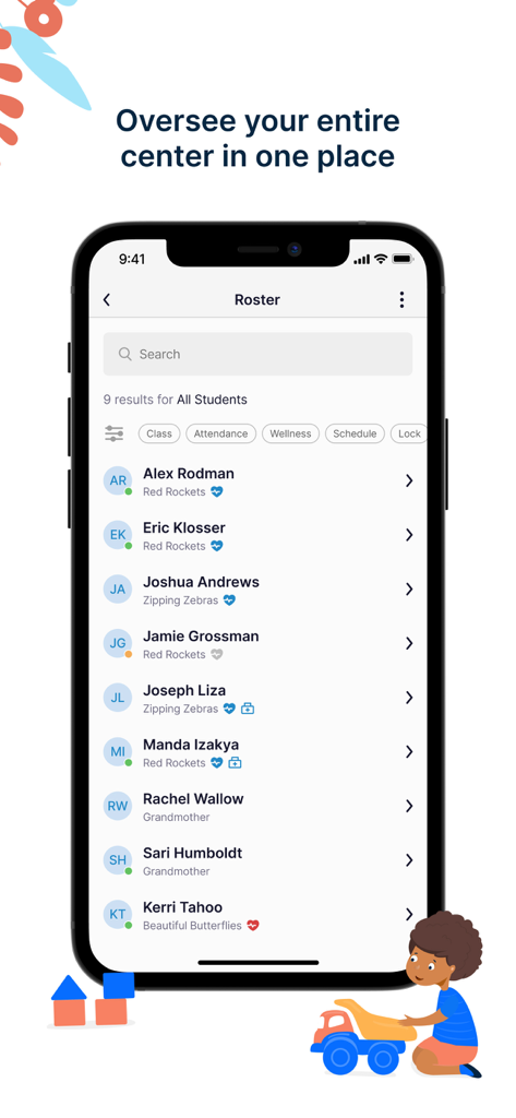 A smartphone showing the Playground app roster interface with a list of students for childcare management
