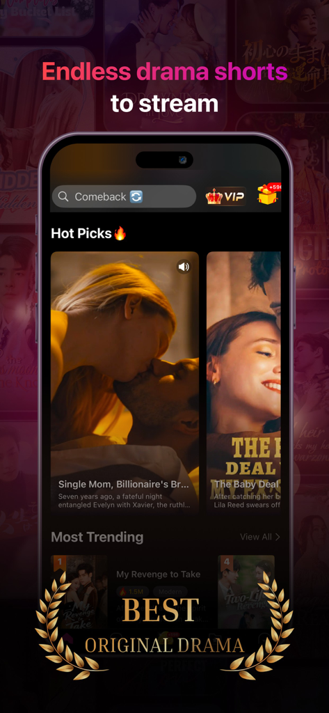 ShortsWave mobile app home screen featuring various short-form drama series thumbnails and a best original drama award badge.