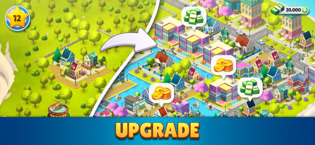 Cozy Town: City Building Game - A comparison showing a small town being upgraded into a large modern city with the text Upgrade