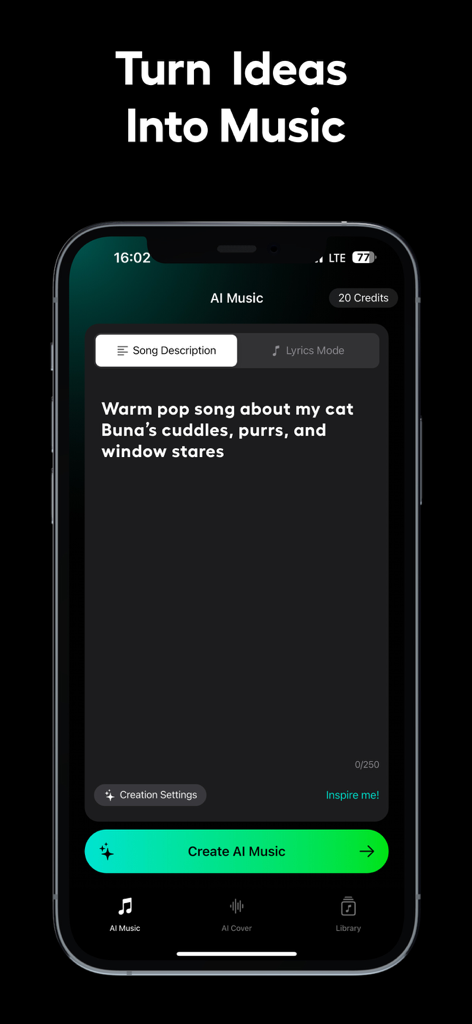 Sona: AI Music & Cover Maker - Interfaccia dell'app Sona AI Music che mostra un prompt di testo per creare una canzone pop su un gatto