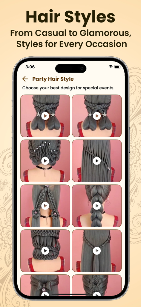 A mobile app screen displaying various party hair style tutorials with intricate braids and updos.