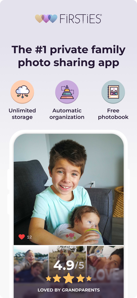 Firsties: Family Photo Sharing - Firsties app interface highlighting private family photo sharing features including unlimited storage and automatic organization for child milestones