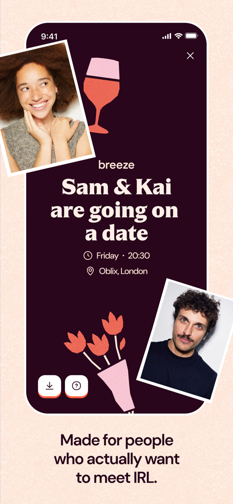 Écran de l'application Breeze montrant un rendez-vous planifié pour Sam et Kai dans un bar partenaire à Londres
