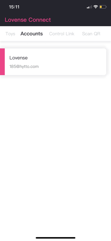 The accounts management screen within the Lovense Connect mobile app showing a linked user profile