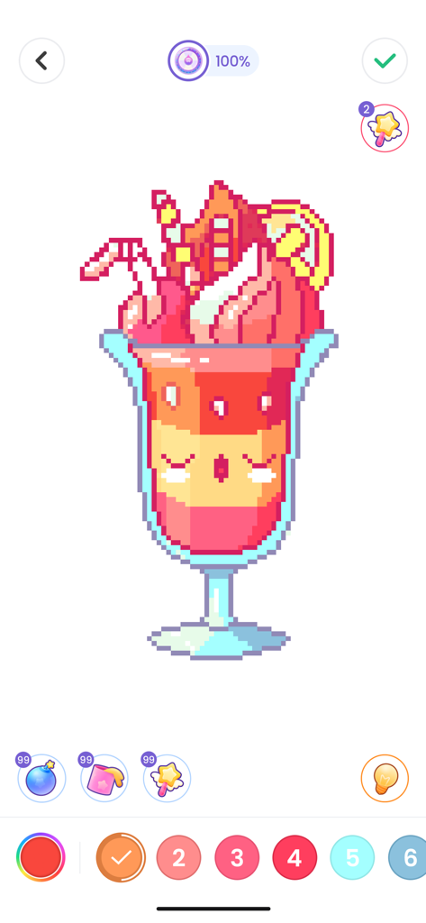 No.Pix - Color by Number - Completed pixel art of a colorful dessert parfait in the No.Pix color by number app interface.