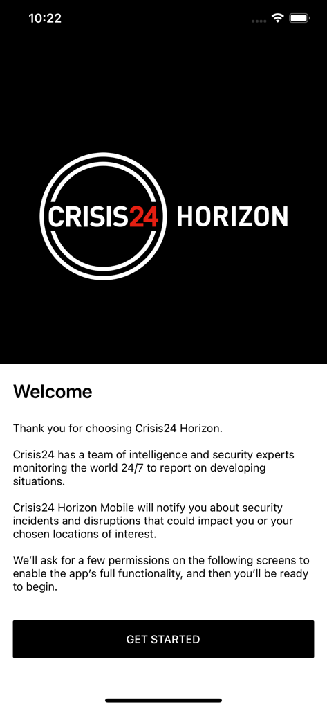 Crisis24 Horizon Mobile - Crisis24 Horizon Mobile welcome screen featuring the app logo and a Get Started button