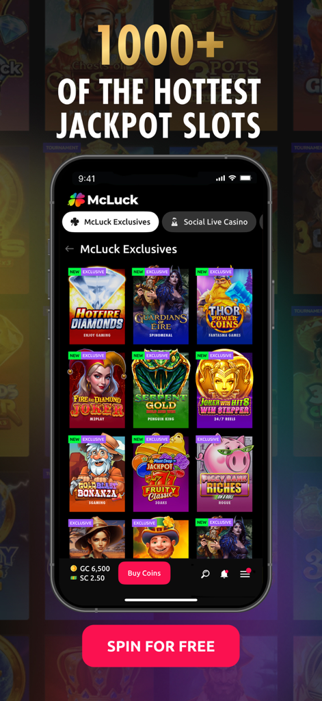 McLuck Casino mobile app interface showing a wide selection of exclusive slot games and jackpots.