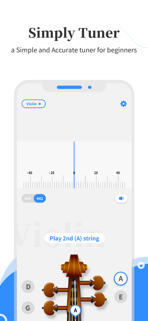 Interface de l'application Simply Tuner montrant un outil visuel d'accordage de violon pour débutants