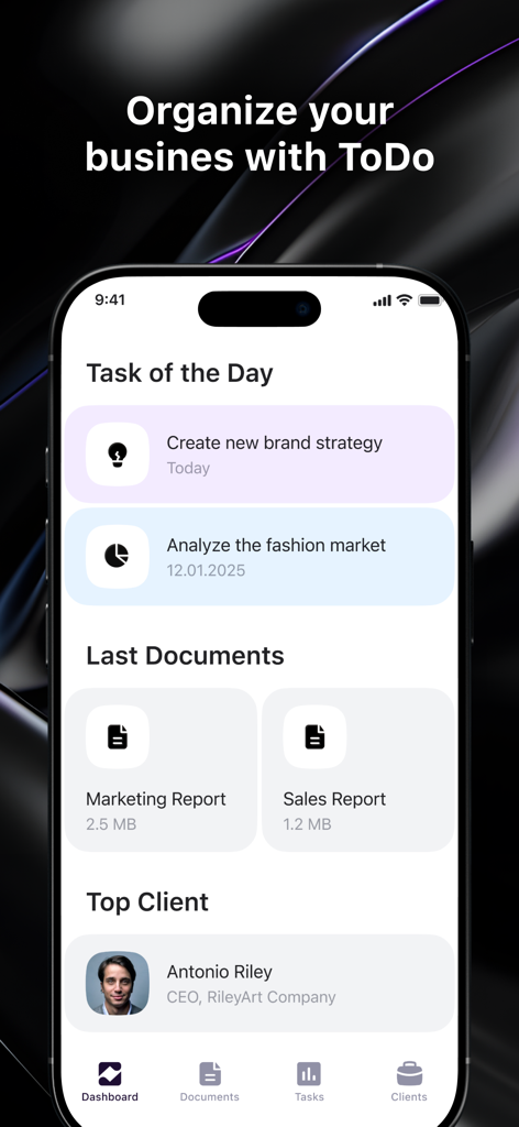 Todo for business processes - Mobile dashboard of the Todo for business processes app featuring daily tasks and document tracking for freelancers.