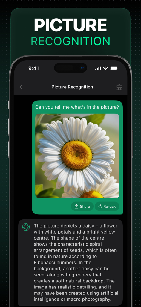 Assistente de IA chatbot identificando e fornecendo uma descrição detalhada de uma flor de margarida a partir de uma foto