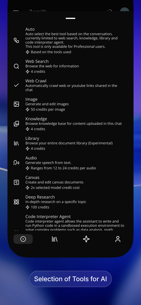 Zemith - SuperAI All in One AI - Zemithアプリのメニュー。ウェブ検索、画像生成、音声変換などのAIツールセレクションが表示されています。