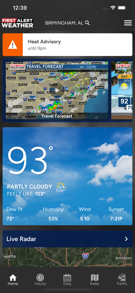 WBRC First Alert Weather - WBRC First Alert Weather app home screen showing current conditions and a heat advisory for Birmingham Alabama