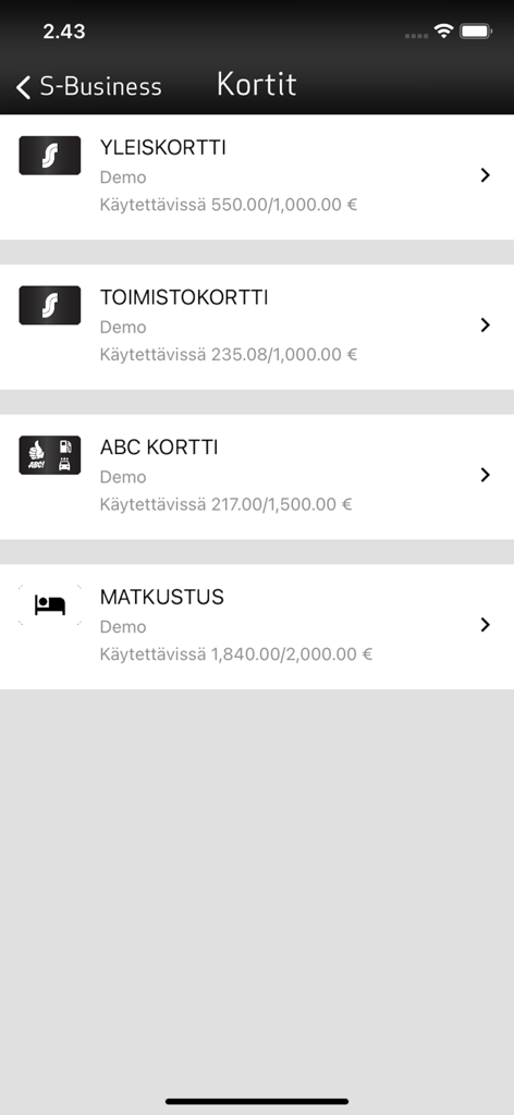 S-Business-App-Oberfläche mit einer Liste von Firmenkarten und verfügbaren Kreditlimits für verschiedene Kategorien von Geschäftsausgaben